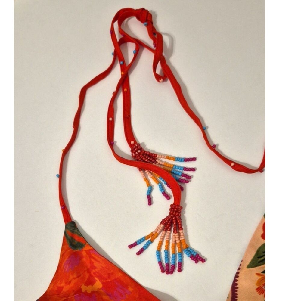 FARM Rio Floral Patchwork Bodysuit Small Red Tropical Boho Surplice Cami - Picture 9 of 14
